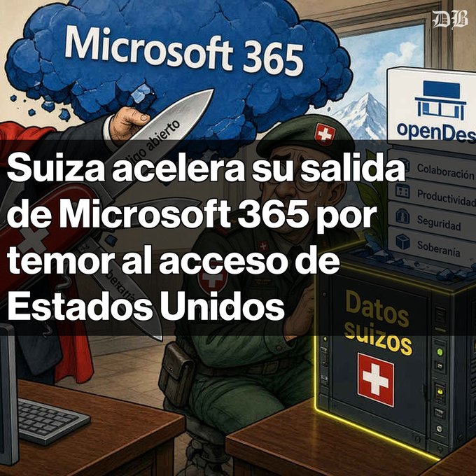 A news illustration showing a Swiss soldier protecting 'Datos suizos' (Swiss data) from a knife-wielding figure attacking a 'Microsoft 365' cloud, with headline 'Suiza acelera su salida de Microsoft 365 por temor al acceso de Estados Unidos'.