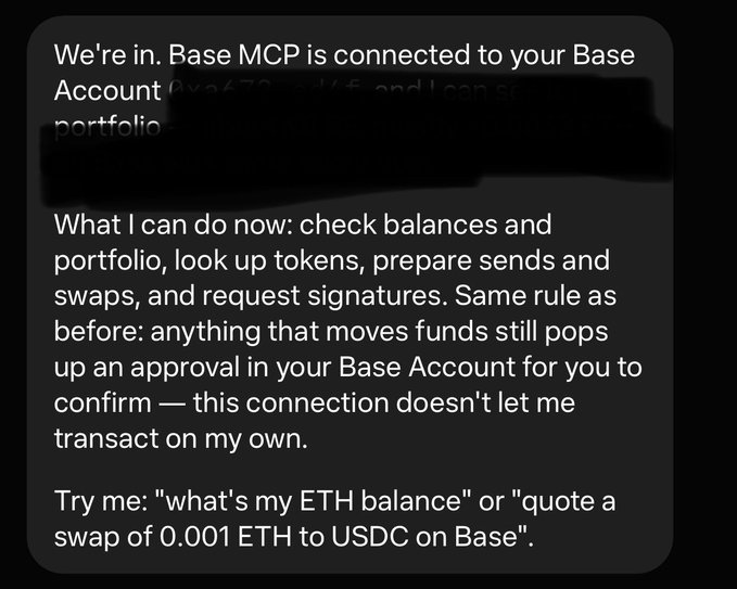 A screenshot of a text message stating 'We're in. Base MCP is connected to your Base Account' and listing capabilities like checking balances and preparing swaps.