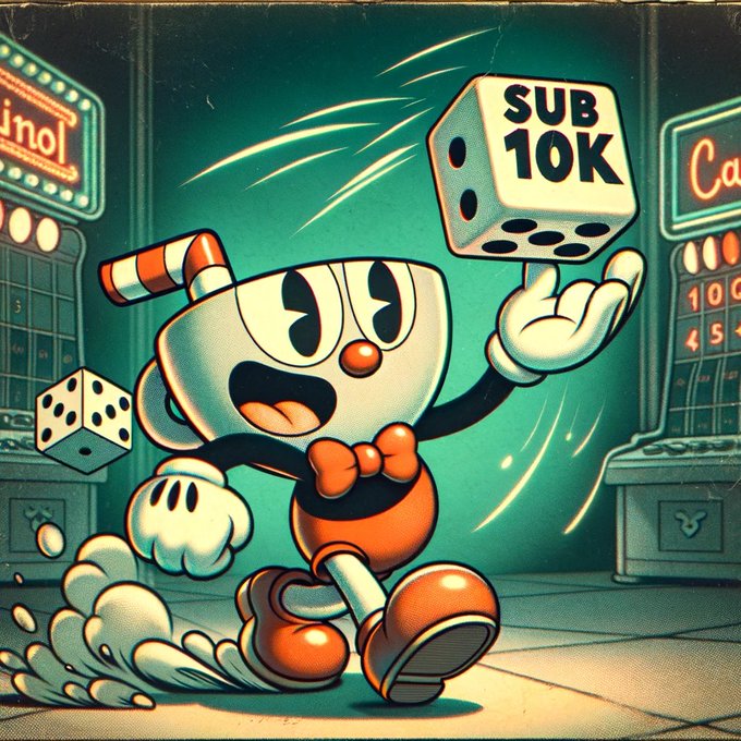 A cartoon illustration of a cup-headed character with a red bow tie running while holding a large die labeled 'SUB 10K' in a casino.
