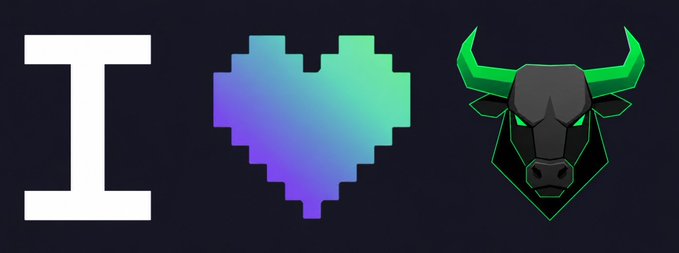 The image features a white letter "I," a pixelated gradient heart in purple and green hues representing Solana's branding, and a green-horned bull mascot logo. Together with the post "I love solana and $ANSEM," the graphic visually expresses affection for both the Solana blockchain and the influencer/figure associated with the bull logo.
