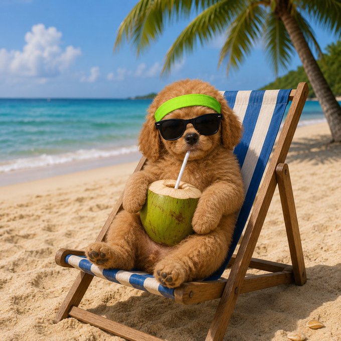 A small brown poodle wearing a green headband and black sunglasses, relaxing on a striped beach chair while drinking from a fresh coconut on a tropical beach.