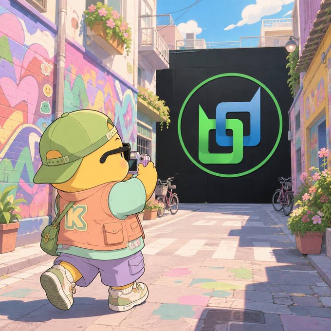 A cartoon duck wearing a green cap and orange vest photographs a glowing "K" logo on a graffiti-covered urban wall, capturing the dynamic energy of the scene. The image visually echoes the post's theme of decentralized networks adapting to protocol changes, with the photographer symbolizing an observer documenting Beldex's evolving blockchain during hard fork v21.