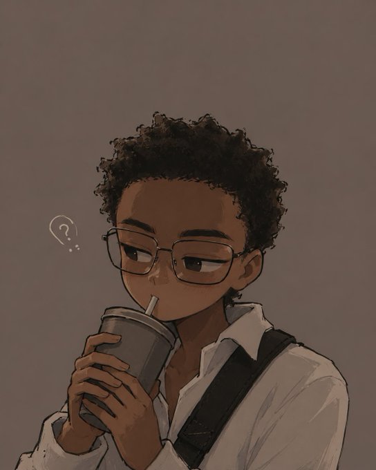 A digital painting of a young person with curly hair and glasses sipping from a cup with a straw, featuring a small question mark drawn near their head against a gray background.
