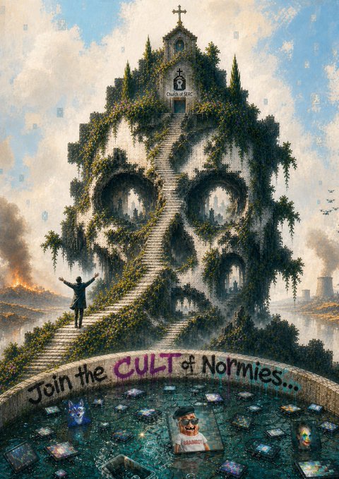 Surreal digital artwork depicting a giant skull-shaped mountain overgrown with vegetation, with a church on top, a figure with outstretched arms on stairs leading to it, and graffiti reading 'Join the CULT of Normies...' at the base surrounded by scattered phones and meme images.