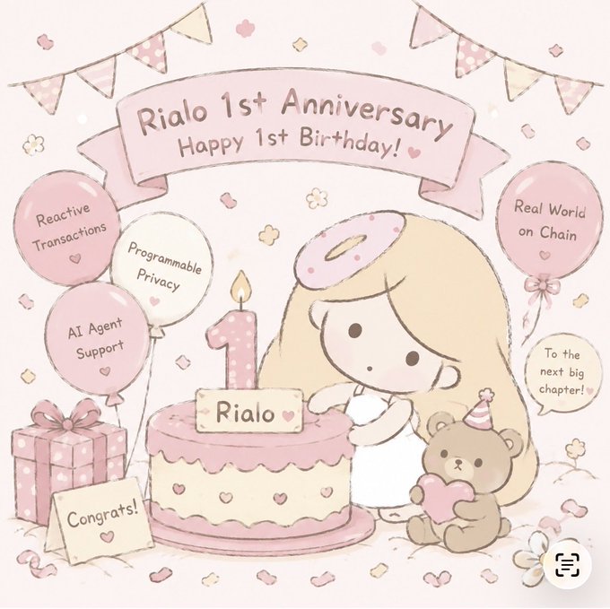 A cute pink-themed 1st anniversary illustration celebrating 'Rialo' with balloons highlighting 'Reactive Transactions', 'Programmable Privacy', 'AI Agent Support', and 'Real World on Chain'.