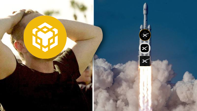 The image features a man with his head covered by a yellow cube mask, looking up at a rocket launch. The rocket is depicted as flying through the air, leaving behind a trail of smoke. In the background, there are three circles labeled "X", which could represent the names or logos associated with the SPCX cryptocurrency. The caption below the image reads: "All SPCX, no brakes Here are some ways to get SPCX on BNB Chain".