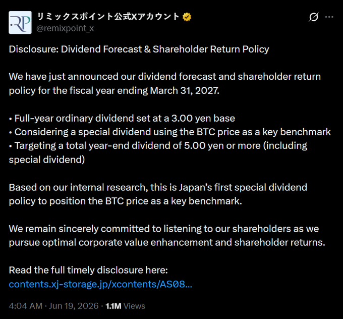 The image shows a Facebook message about a new policy for Tokyo-based remixpoint. The post announces that Tokyo-listed remixpoint has decided to issue an ordinary dividend of 3 yen per share, which will be based on Japan's first special dividend for Bitcoin, or 5,000 yen/share if the price of Bitcoin stays above $90K during the fiscal year ending March 31, 2023. This dividend is intended to provide a special return only if Bitcoin increases in value beyond $90K at the end of the year.
