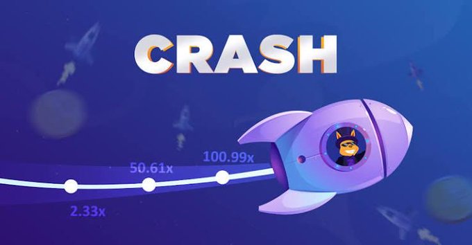The image displays a promotional graphic for the Roobet "Crash" game, featuring a purple rocket ship with an astronaut dog piloting it against a dark blue space-themed background, with the word "CRASH" in bold white letters and visible payout multipliers (2.33x, 50.61x, 100.99x) along a trajectory line—matching the post's enthusiasm about timing multipliers in their favorite Crash game setup.