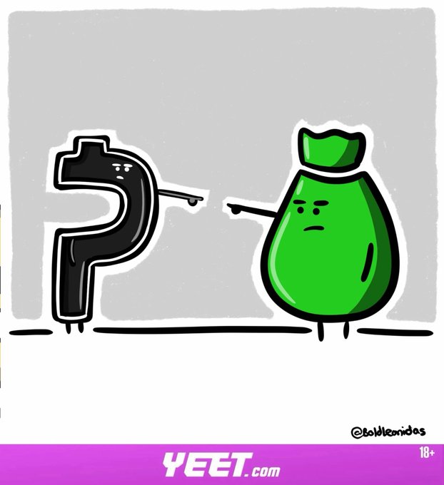 A cartoon gun character points accusingly at an angry green money bag, humorously illustrating the post's "Crypto higher, yields continue surge" theme—suggesting crypto's gains are "shooting" higher despite pressure. The image is credited to @solidkonidas and published on YEET.com (18+).