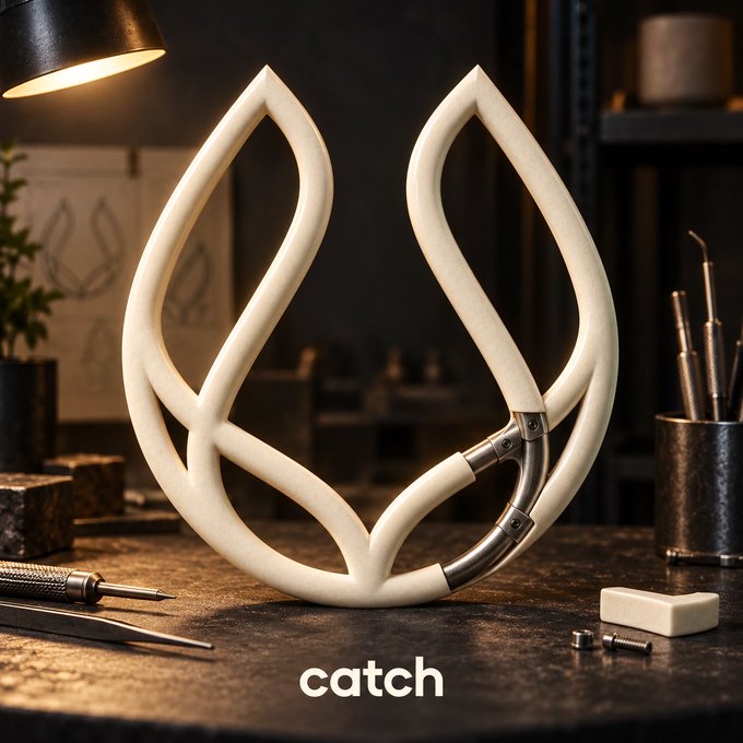 A sculptural white leather and metal object with curved, leaf-like shapes rests on a dark workbench next to tools, with the word "catch" displayed prominently at the bottom.