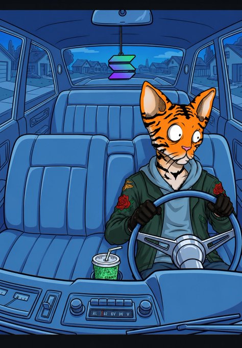 An illustration portrays an anthropomorphic cat with orange and black stripes wearing a green jacket, sitting in the driver's seat of a car and gripping the steering wheel, with a green beverage in a cup resting in the center console.