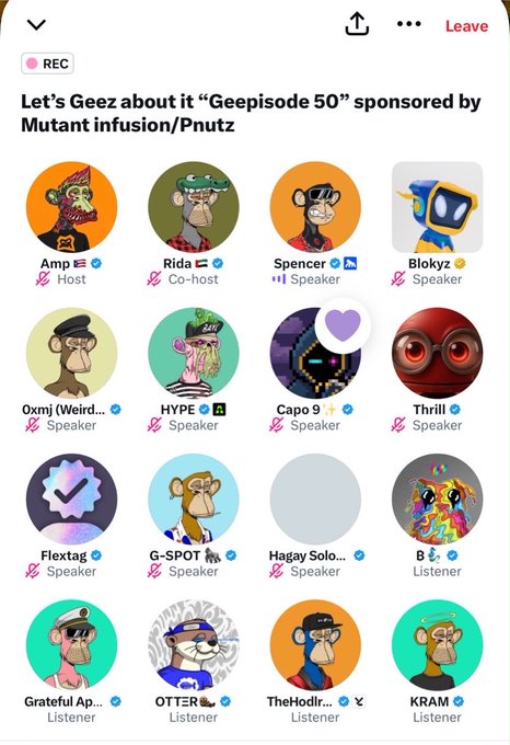 Twitter Spaces interface showing 'Geepisode 50' sponsored by Mutant infusion/Pnutz, featuring host Amp, co-host Rida, and various speakers including Blokyz, Oxmj, HYPE, Capo 9, and Thrill.