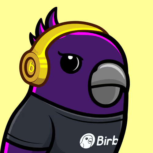A cartoon illustration of a purple bird mascot with a yellow Beats by Dre-style headphone on its head, wearing a black hoodie, with the 'Birb' logo in the bottom right corner against a yellow background.