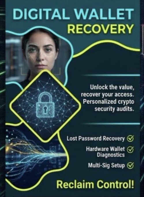The image features a woman with her face obscured by a green square, which also appears as a lock. The woman's head is cut off at the bottom of the screen. On the right side of the image, there is text that reads "Digital Wallet Recovery". The background of the image has a blue gradient color and contains some white shapes on it, possibly icons for cryptocurrency platforms or blockchain technology. Below the main post title, there are bullet points providing information about how to reclaim control over compromised crypto wallets and secure your assets from fraudulent schemes.