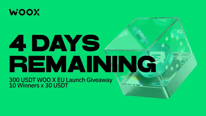 A bright green promotional banner for WooX featuring a 3D crystal cube, advertising '4 DAYS REMAINING' for a '300 USDT WOO X EU Launch Giveaway' with '10 Winners x 30 USDT.'