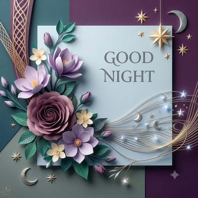 An elegant paper-craft style "Good Night" card featuring layered purple and lavender flowers, gold stars, and crescent moons on a deep purple and teal background, paired with a restful message about recharging for upcoming developments in the Hyperliquid ecosystem.
