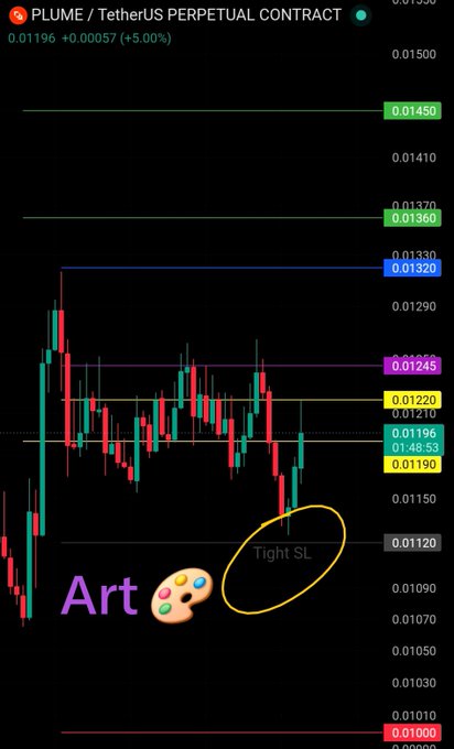 A TradingView chart of the PLUME/USDT perpetual contract shows the price at 0.01196 (down 5.00%), with an annotation labeled "Tight SL" circled in yellow near the 0.01120 support level—visually reinforcing the post's claim that the trader is "the Artist" by highlighting their disciplined stop-loss placement beneath the chart's recent candle action.