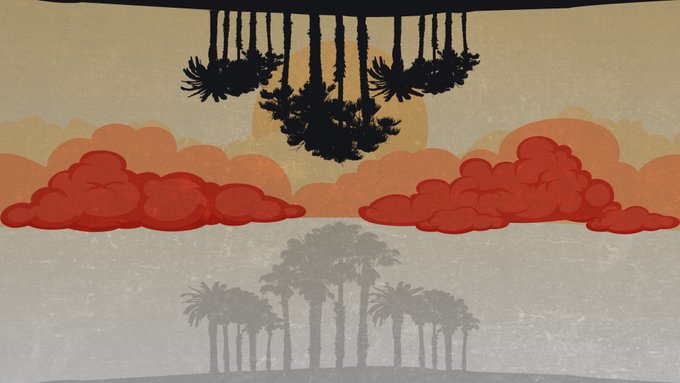A stylized illustration showing palm trees with their reflections, red and orange clouds, and a yellow-orange sky at sunset.