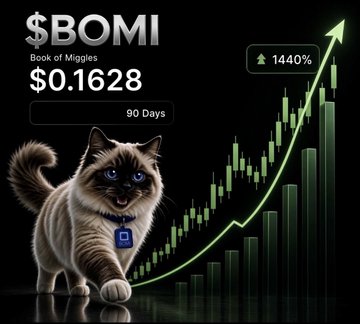 A determined-looking Ragdoll cat with glowing blue eyes and a $BOMI collar walks alongside a sharply rising green candlestick chart, with text showing "$BOMI - Book of Miggles, $0.1628, 90 Days" and a "1440%" gain badge. The image visually celebrates BOMI's explosive 1440% rally over 90 days, pairing the bullish price chart with the cat mascot to reinforce the milestone burn announcement and ongoing token deflation narrative.