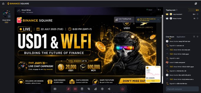 Screenshot of a Binance Square live event interface titled 'USD1 & WLFI: BUILDING THE FUTURE OF FINANCE,' scheduled for 22 July 2025 at 8:00 PM (GMT+7), with rewards of up to 20,000 USD1 and 600,000 WLFI.