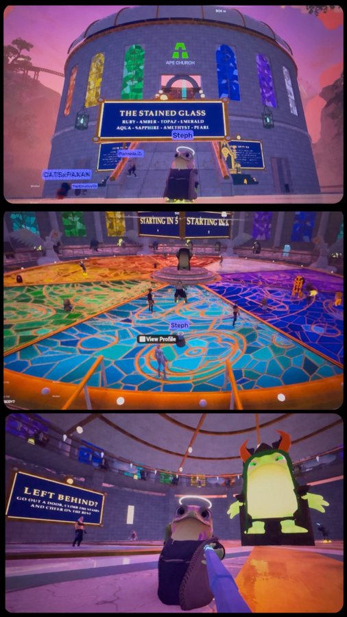 Screenshots from a video game showing a stained glass-themed level called 'THE STAINED GLASS' featuring an ape church building, a starting area with players gathering, and a frog-like character.