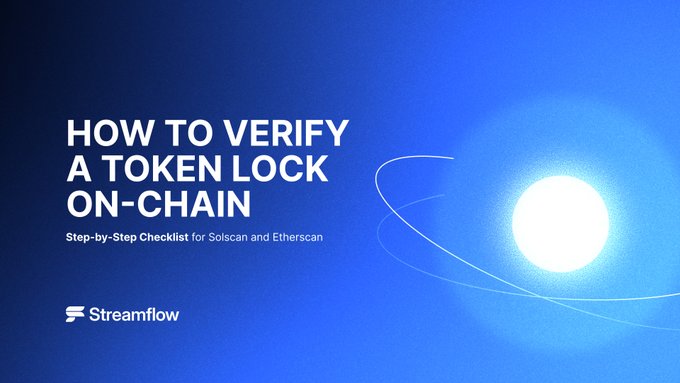 A title card reading 'HOW TO VERIFY A TOKEN LOCK ON-CHAIN' presented by Streamflow, with a blue background and a glowing white sphere.