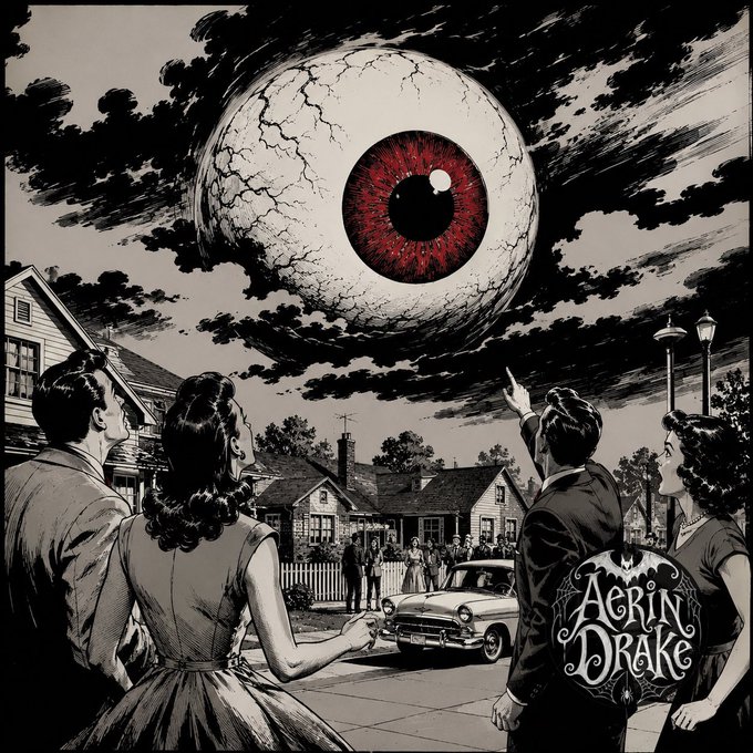 A black and white illustrated scene with a red-eyed giant eyeball in the sky, featuring 1950s-styled people pointing at it, with the text "AERIN DRAKE" in the bottom right corner.