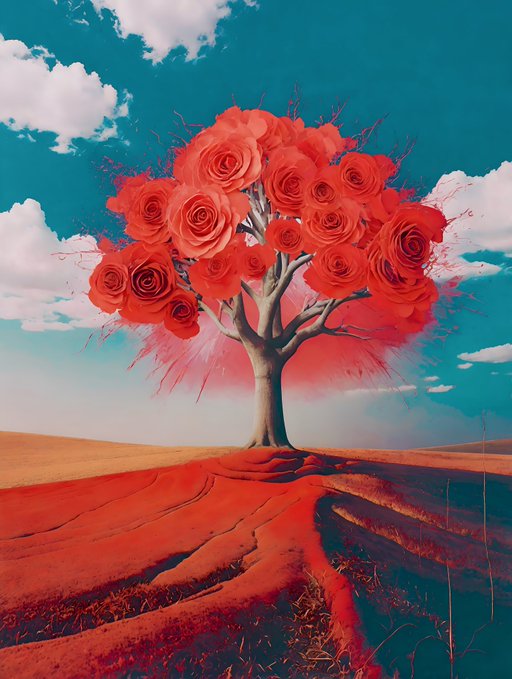 A surreal digital painting features a tree with vibrant red rose blossoms growing in a red-hued desert, set against a bright teal sky with fluffy white clouds.