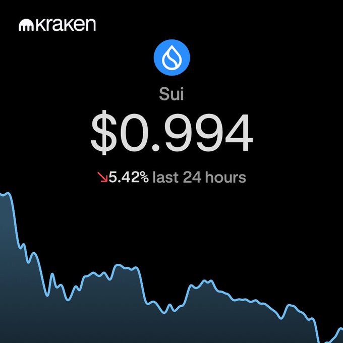 Kraken cryptocurrency exchange app screenshot displaying the Sui token price at $0.994, down 5.42% over the last 24 hours, with a declining blue line chart.