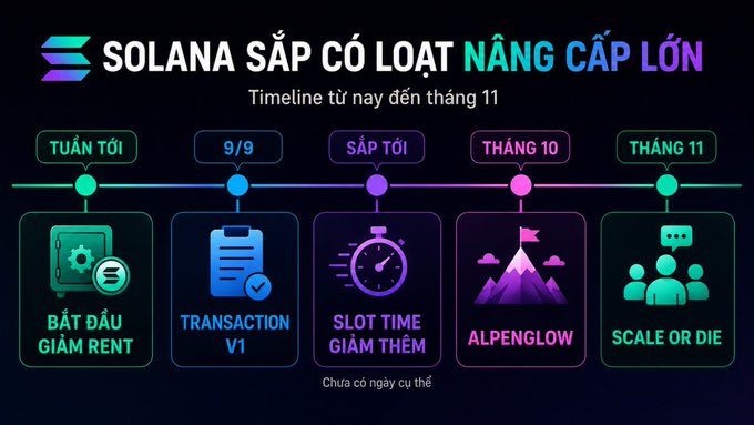 An infographic timeline in Vietnamese titled 'SOLANA SẮP CÓ LOẠT NÂNG CẤP LỚN' detailing Solana upgrades from this week through November.