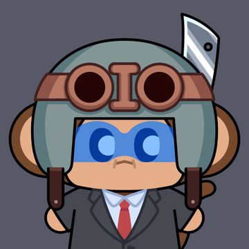 urn of a monkey with goggles and a tie, holding a knife against a dark gray background.