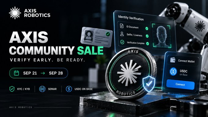 An advertisement for 'AXIS ROBOTICS' community sale from SEP 21 to SEP 28, featuring KYC/KYB, SONAR, and USDC on Base, with imagery of identity verification, a silver coin with the Axis logo, and a Connect Wallet interface.
