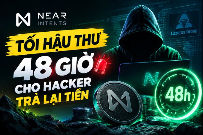 A promotional graphic for 'NEAR INTENTS' featuring a hooded hacker figure, text reading 'TỐI HẬU THƯ 48 GIỜ CHO HACKER TRẢ LẠI TIỀN' and 'Lazarus Group', along with a 48h countdown timer and NEAR coin imagery.