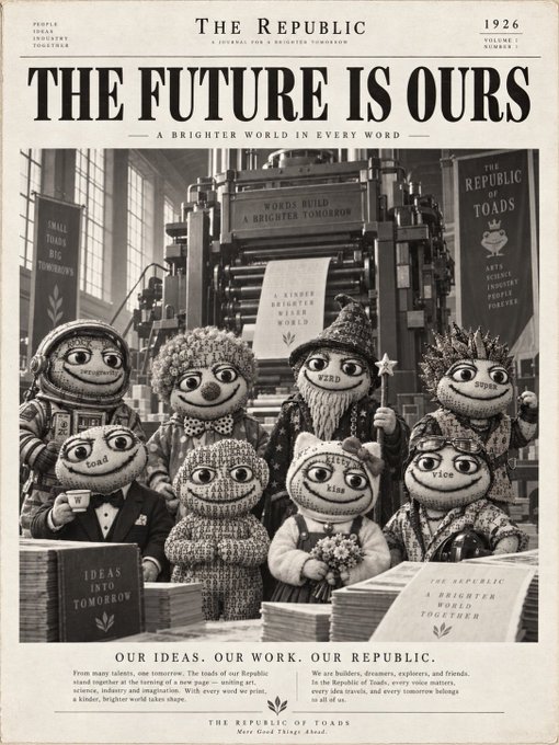 A vintage-style newspaper cover titled 'THE REPUBLIC - THE FUTURE IS OURS - A BRIGHTER WORLD IN EVERY WORD' from 1926, featuring anthropomorphic toad characters representing ideals like 'WORD', 'HOPE', 'VICE', 'SQUAD', 'RIVER', and 'KIND' alongside an old printing press.