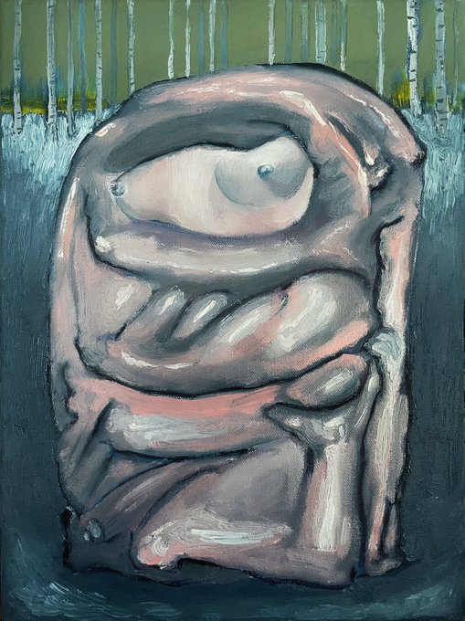 A surreal oil painting depicting a curled, fetus-like figure rendered in muted grays and pinks against a forest backdrop with birch trees and a green sky.