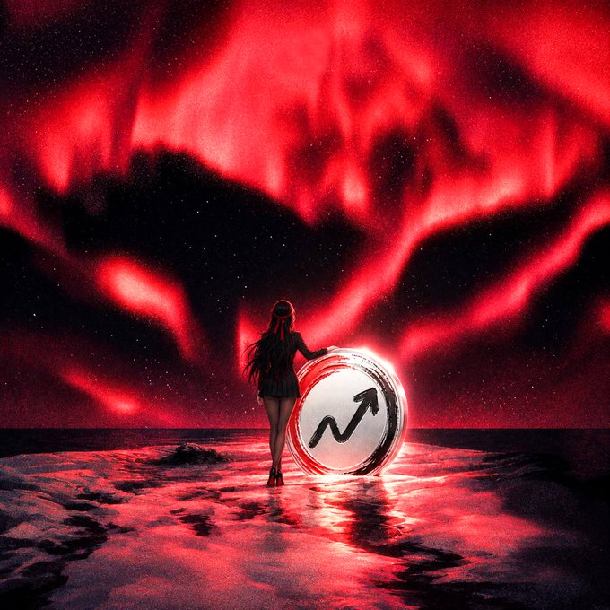 A stylized digital artwork showing a woman standing in water holding a large glowing coin with an upward trending arrow, set against a dramatic red aurora-filled sky.