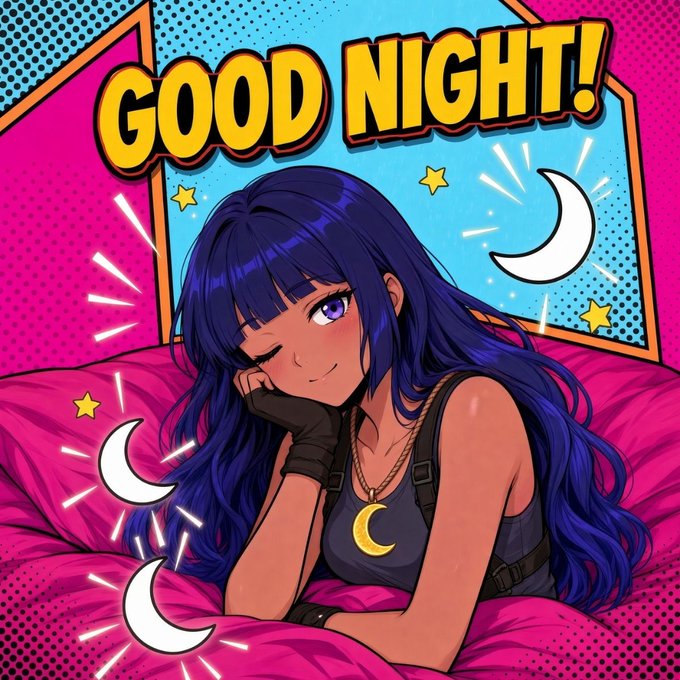 An anime-style illustration of a blue-haired girl lying in bed with pink covers, surrounded by crescent moons and stars, with large yellow text reading 'GOOD NIGHT!' at the top.