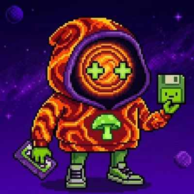 Pixel art of a character in an orange and red hooded suit with glowing green eyes, holding a green card and a small box against a starry purple space background.