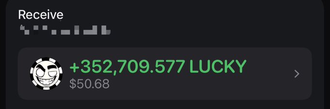 A crypto wallet screen showing a received transaction of +352,709.577 LUCKY tokens (valued at $50.68), representing the airdrop reward received from @LuckyJackxyz and @zaddyfi as mentioned in the post.