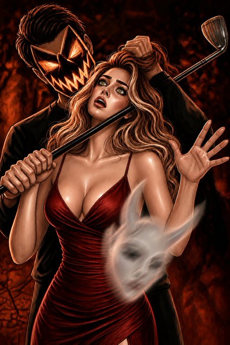 A dramatic digital artwork depicts a masked figure with glowing orange eyes holding a golf club behind a terrified woman in a red dress, with a ghostly mask in the foreground.