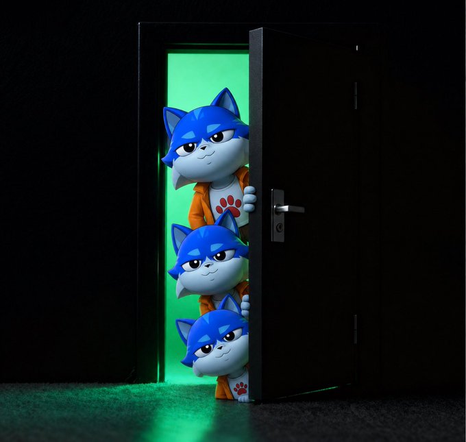 A 3D-rendered image shows three identical blue cartoon wolf characters stacked vertically, peeking out from a partially open black door into a room illuminated by bright green light.