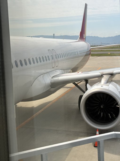 The image shows a large airplane parked at an airport, with its landing gear down. The airplane's tail features red and white colors. In the background, there are mountains visible through the windows of the plane. A person can be seen standing near the airplane in the foreground, possibly waiting for their flight or working on the aircraft.