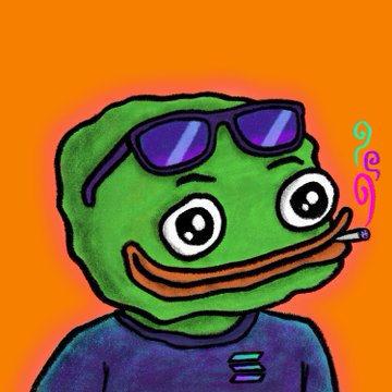 A drawing of Pepe the Frog wearing purple sunglasses on his head and a blue shirt, smiling while smoking a cigarette against an orange background.