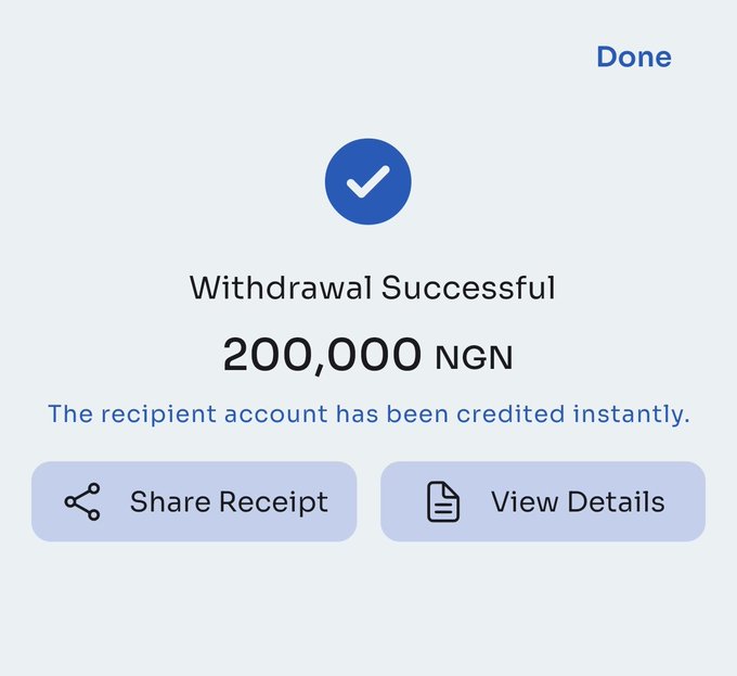A mobile screen displays a "Withdrawal Successful" confirmation for 200,000 NGN via Paystrater, indicating instant credit to the recipient account. The image supports the post's challenge by providing a receipt screenshot as proof of transaction speed for the Crypto-Naira feature.