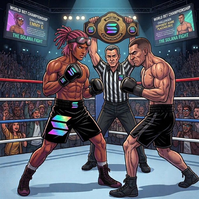 A cartoon illustration depicting a boxing match titled 'WORLD BET CHAMPIONSHIP - THE SOLANA FIGHT' between 'EMMY G' and '[OPPONENT NAME PLACEHOLDER]', with both fighters wearing Solana-branded shorts and gloves while a referee holds a championship belt.