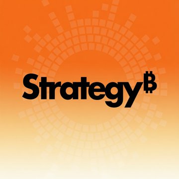 The image features the Strategy₿ logo (formerly MicroStrategy), with the Bitcoin symbol "₿" incorporated into the logo's design, set against a pixelated orange radial gradient background. The graphic visually reinforces the accompanying post about Strategy's enterprise mNAV briefly falling below 1, highlighting the company's deep ties to Bitcoin ($BTC) and its significance to the $MSTR ticker.
