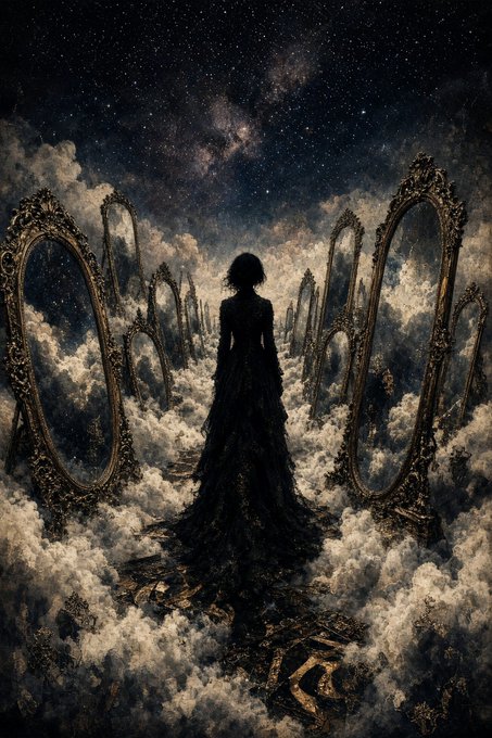 A dark, atmospheric fantasy artwork showing a silhouette of a woman in a flowing dress standing among ornate mirrors floating in clouds under a starry night sky with the Milky Way visible.