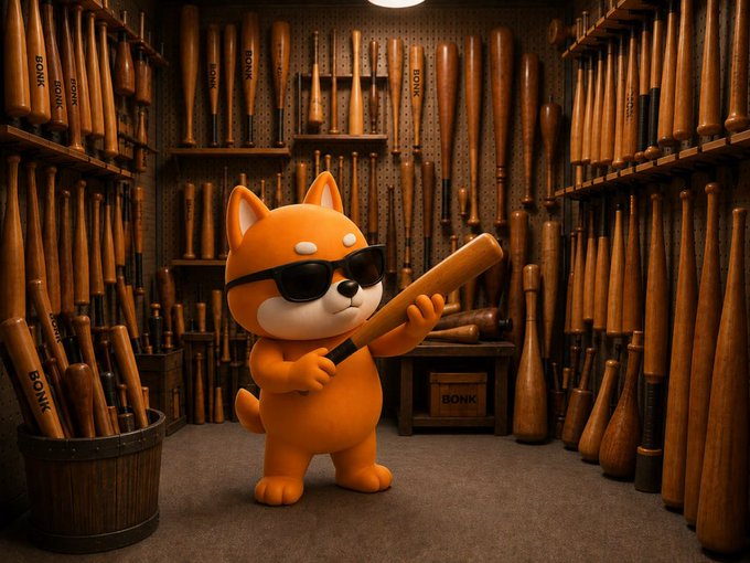 A 3D-rendered orange Shiba Inu dog character wearing sunglasses stands in a workshop holding a wooden baseball bat, surrounded by walls covered in similar bats labeled 'BONK'.