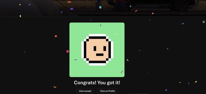 A confetti-filled screen displays a green pixelated smiley face NFT with the message "Congrats! You got it!" alongside buttons to "View receipt" and "View on Profile," celebrating a successful mint of the Billiz NFT collection.