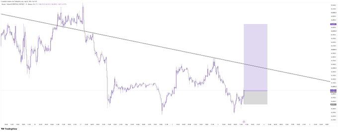 A candlestick chart of Bitcoin (BTC) showing a long position entry, with a descending trendline and a highlighted purple/pink zone marking the trade setup, consistent with the "BTC Longed" post.